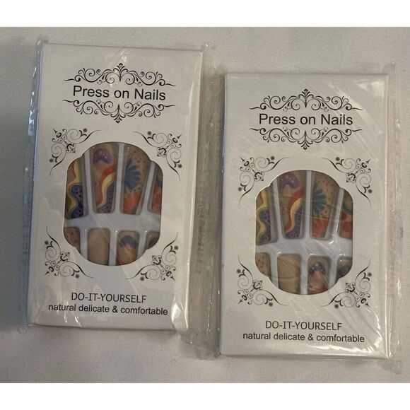 unbranded Other - Do It Yourself Set of 2 Colorful Funky Swirl Long Press-on Nail Kits NEW
